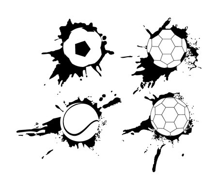 Set of hand drawn grunge banners with soccer ball. Black background with splashes of watercolor ink and blots.のイラスト素材