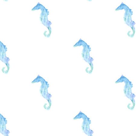 watercolor vector pattern of sea blue sea horse, retro wallpaper, marine lifeの写真素材