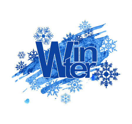 Winter time typographic poster. Calligraphic text for cards, banners, t-shirts or decoration. Phrase on watercolor painted background with snowflakeのイラスト素材