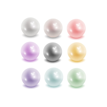 Pearl set isolated on transparent background. Spherical beautiful 3D orb with transparent glares and highlights. Jewel gems. Vector Illustration.のイラスト素材
