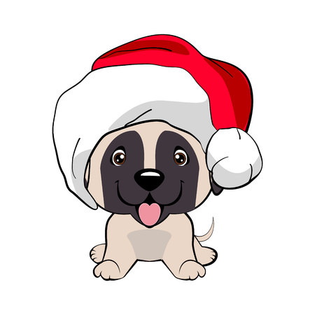 Red-haired happy dog in a red jacket with a white collar and with red hat with a white pompon on a white background. Lovely puppy. Happy Dog cartoon. Golden retrieverのイラスト素材