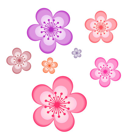 a set of cherry blossoms. 7 kinds of flowers with five petals of different colorsのイラスト素材