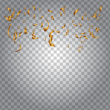 a set of golden confetti. Different types of gold ribbons and gold pieces of paperのイラスト素材