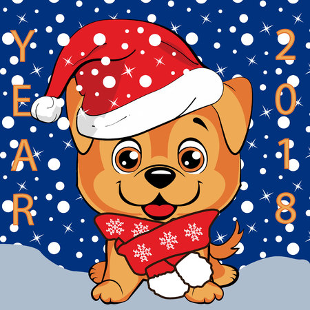 Postcard with the inscription 2018. Red-haired happy dog with a red scarf with white pompoms and a pattern of snowflakes and a red hat with a white pompon on a blue background with snow and snowflakesのイラスト素材