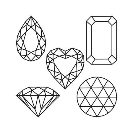 set of diamonds, precious stones of different forms of cut. Line drawing. Cartoon flat gems jewels...
