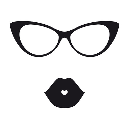 frame of glasses in the style of cat eyes and black silhouette of lips in a kissのイラスト素材