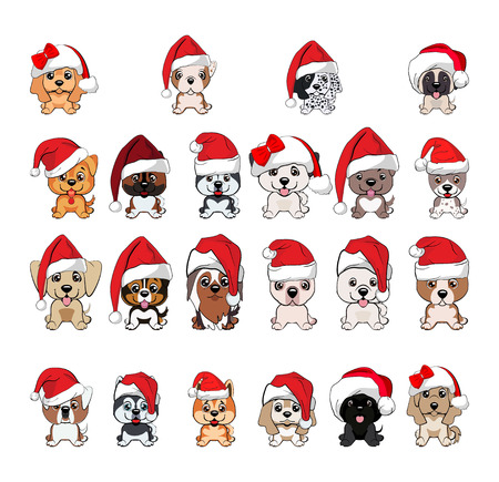 set of cute puppies in red caps with white pompons. dogs of different breedsのイラスト素材