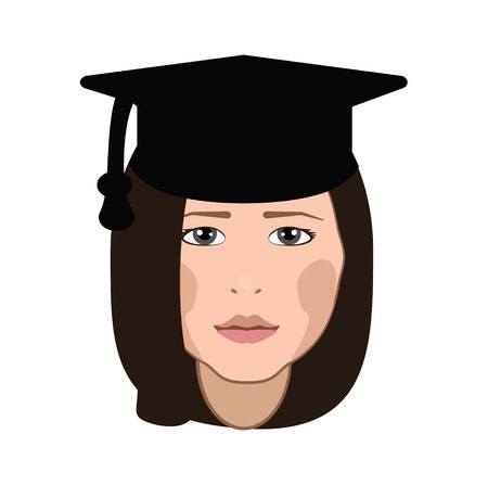 the face of a young girl in a student hat. Icon Girl graduate on white background. Vector.のイラスト素材