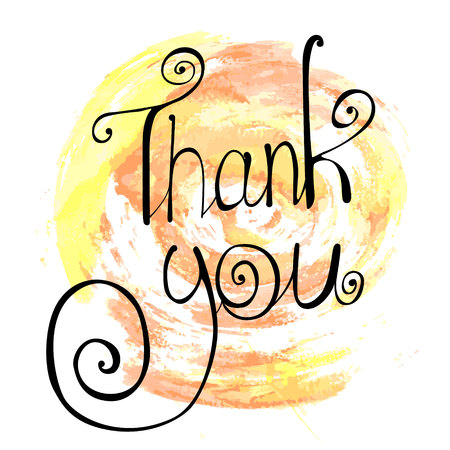 black inscription thank you with curls on the background of a yellow orange watercolor stainsのイラスト素材