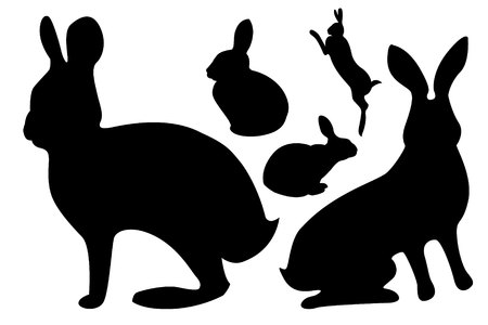 Set black silhouettes of hares in different poses. Rabbit set, isolated on a white background. Vector illustration.の写真素材