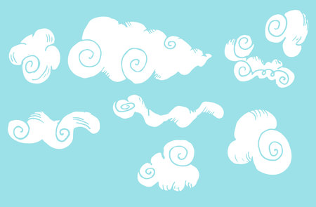 set of sketches of clouds with curlsのイラスト素材