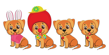 set of little dogs. Happy cartoon puppy sitting, Portrait of cute little dog wearing collar. Dog friend. Vector illustration. Isolated on white background.のイラスト素材