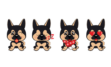 set of different little dogs. Brown puppies with different emotions. German Shepherd.のイラスト素材