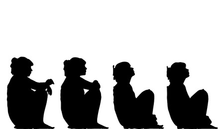 set of silhouettes of a girl in a dress with hair gathered in a tail that sits squatting hugging her knees with her hands and leaning her back against the wall. The girl thinks about something, reflecのイラスト素材