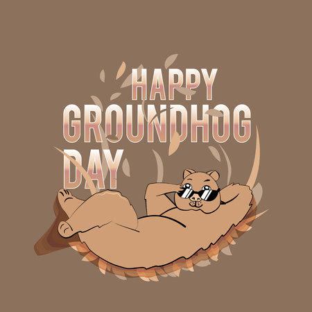 Happy Groundhog Day design with cute groundhog. marmot lies on leaves hand behind head other hand corrects sunglassesのイラスト素材