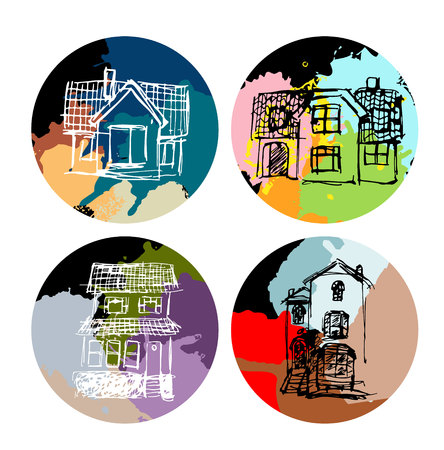 Set of houses in a circle with multi-colored watercolor blots. Drawing houses black handleのイラスト素材