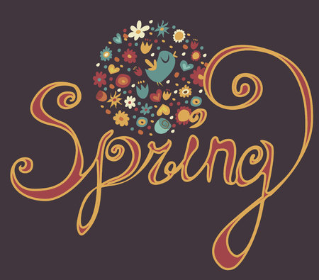 Inscription Spring with curls and pattern with a bird and different flowersのイラスト素材