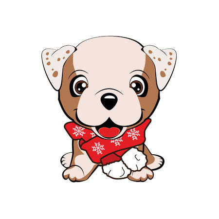 English bulldog. Cute puppy with a flower cartoon hand drawn vector illustration. Can be used for t-shirt print, kids wear fashion design, baby shower invitation card.のイラスト素材