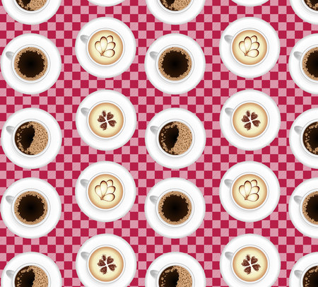 pattern from cups of coffee top view black coffee, coffee with cream and a foamy pattern on the background of a pink Vichy cellの写真素材