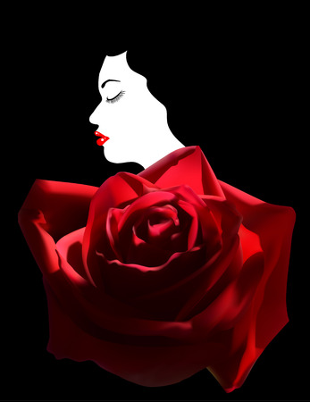portrait of a girl with white skin, red lips and with closed eyes and a red roseのイラスト素材