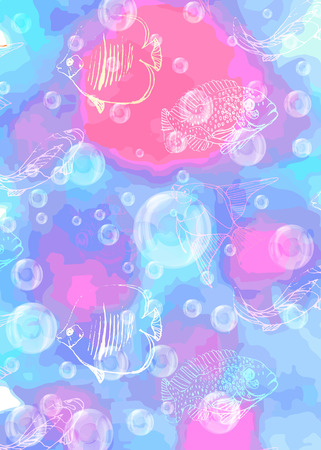 pattern from fish of different species and transparent bubbles on the background of a watercolor texture of blue and pinkのイラスト素材