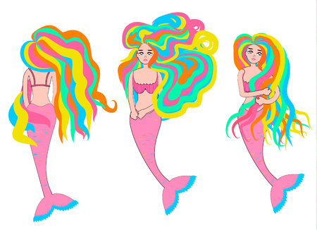 set of mermaids with colorful hairのイラスト素材