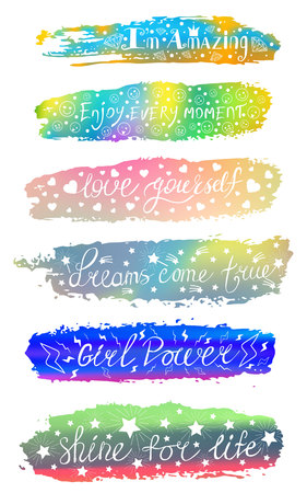 a set of phrases of slogan on the background of a brush stroke of different colors. For the design of T-shirts, postcards, different printsのイラスト素材