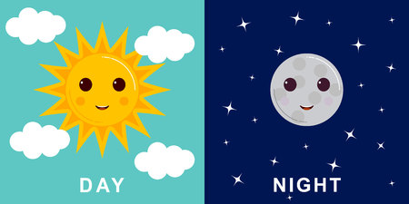 Day and night illustrations with funny smiling cartoon characters of sun and moon, clouds and starsのイラスト素材