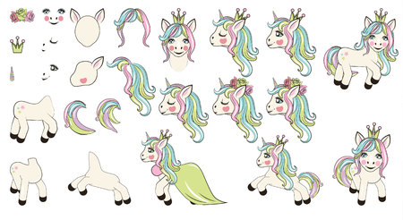 large set with unicorns and unicorn parts for designのイラスト素材