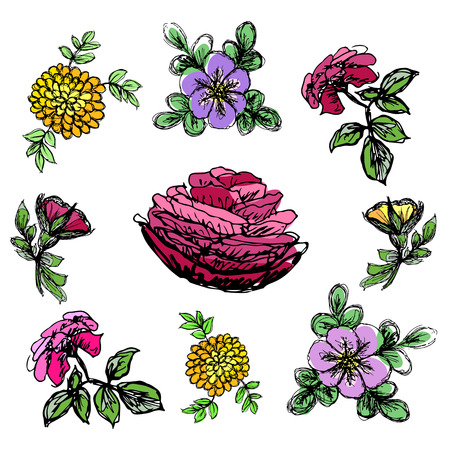 Floral vector set. abstract flowers and leaves. Collection of hand drawn sketch style flowersのイラスト素材