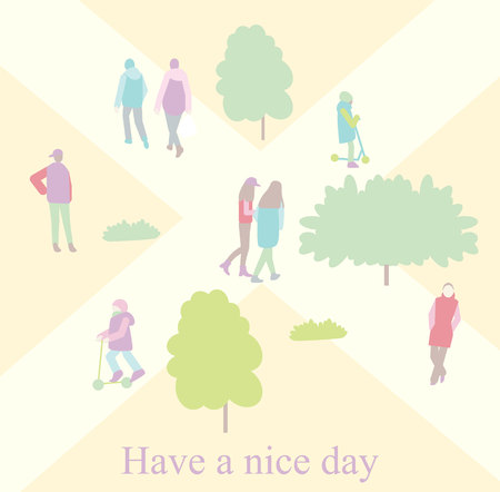 characters that walk, ride scooter among trees vector illustration. Minimal people in city park.のイラスト素材