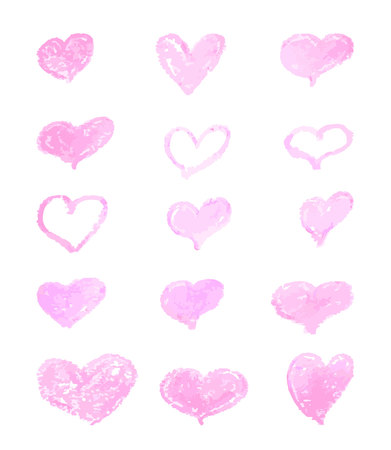 A set of hand-drawn pink hearts. Design elements with a grunge texture for gift cards, invitations and valentines. heart painted with a brush.のイラスト素材