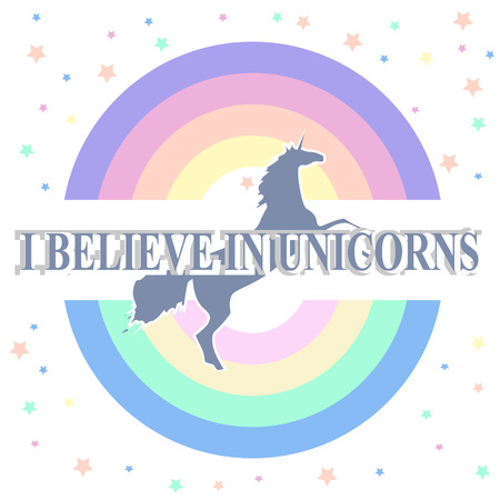round rainbow silhouette of unicorn and slogan in white frame on with starsのイラスト素材