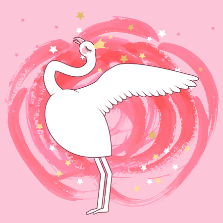 cute flamingo queen with abstract red rose painted watercolor on a pink background. Can used for print design, greeting card, baby shower.のイラスト素材