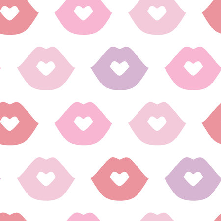 Lips pattern. Vector seamless pattern with woman's red, pink, violet kissing flat lips. Isolated on white.の写真素材