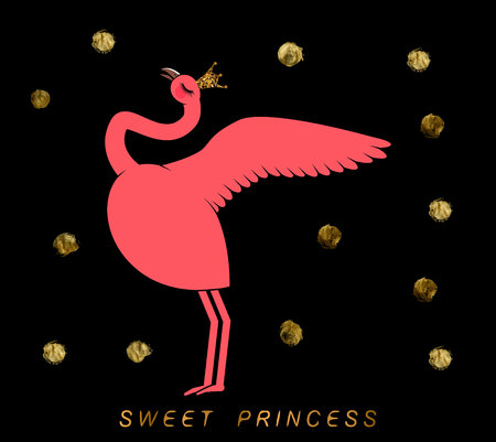cute flamingo in gold with sparkles crown on black background with gold circles and inscription sweet princess. Can used for print design, greeting card, baby shower.のイラスト素材