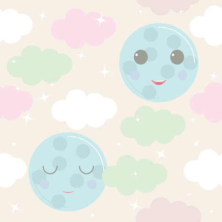 Cute sky pattern. vector design with smiling, sleeping moon, stars and clouds. Baby illustration.のイラスト素材