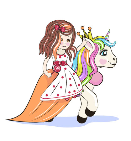 Cute Cartoon girl and Unicorn on a white backgroundのイラスト素材
