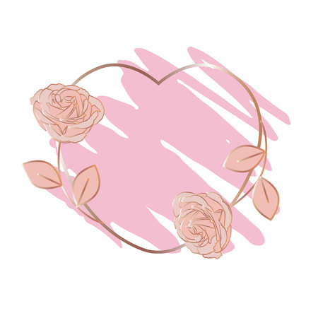 a pencil stroke and a heart-shaped golden frame with rosesのイラスト素材