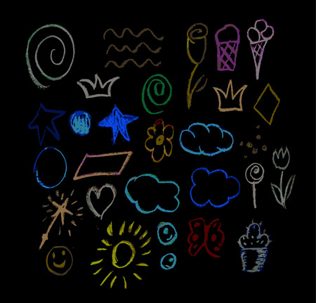 set of sketches of objects of pop culture with colorful chalk on a black background. isolated vector illustrationのイラスト素材
