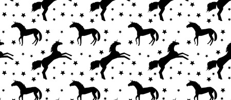 pattern black unicorn and stars on white background, vector illustrationのイラスト素材