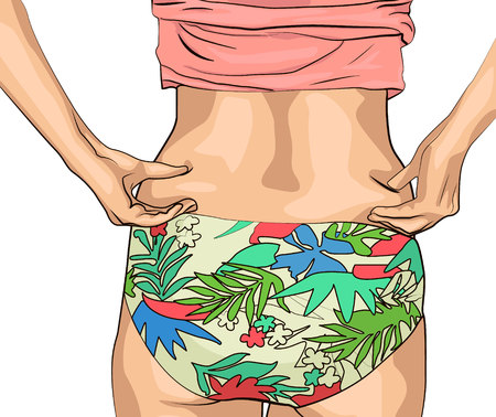The girl clamps the folds of her sides with her hands. Women with a fat waist. Female hands touching her fat on bodyのイラスト素材