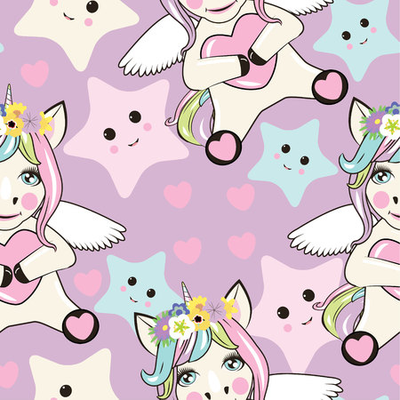 A pattern with small unicorns with wings on the background of stars with facesのイラスト素材