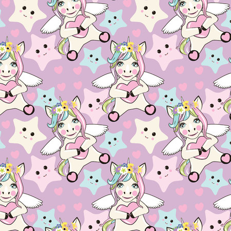 A pattern with small unicorns with wings on the background of stars with facesのイラスト素材