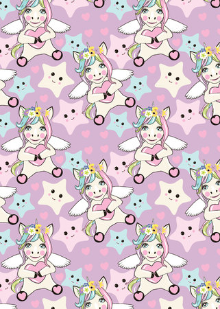 A pattern with small unicorns with wings on the background of stars with facesのイラスト素材