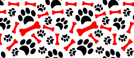 Dog paw print trails and candy cane in shape of bone biscuit treat.のイラスト素材