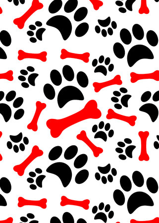 Dog paw print trails and candy cane in shape of bone biscuit treat.のイラスト素材