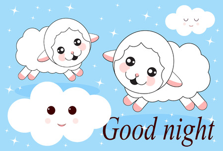 Cute Hand draw icon of two juming sheep. Concept of trying to sleep, counting the sheep, insomnia, sleep disorders, baby sleep.のイラスト素材