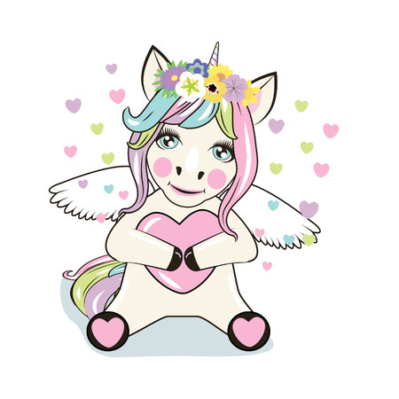 Unicorn.cartoon hand drawn illustration. Can be used for baby t-shirt print, fashion print design, kids wear, baby shower celebration greeting and invitation card.のイラスト素材