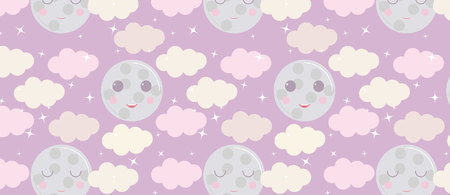 Night sky vector pattern. Cute smiling moon, stars, clouds background.のイラスト素材